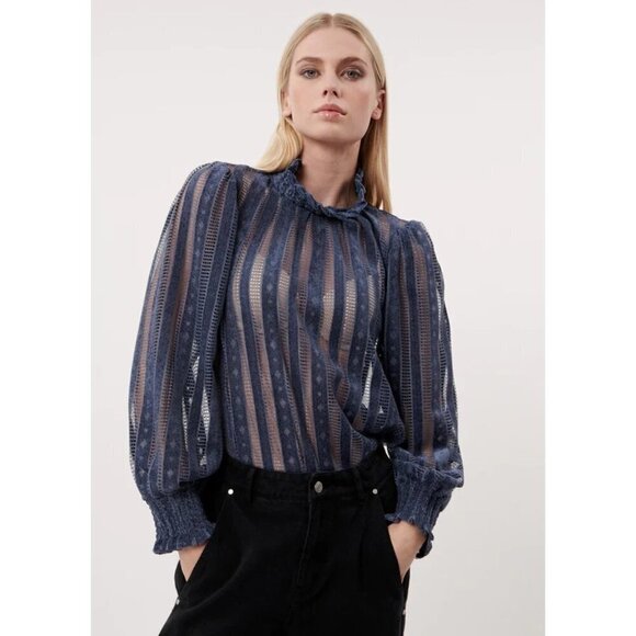 FRNCH Tops - FRNCH Women's Lan Blouse Perforated Velour Top Size XL High Collar Button Neck